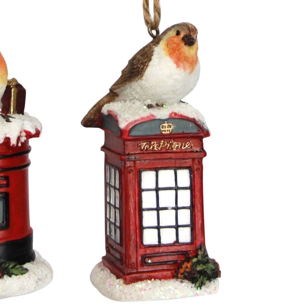 Red British Telephone Box with Christmas Robin - 9cm tall x 4.5cm diameter.