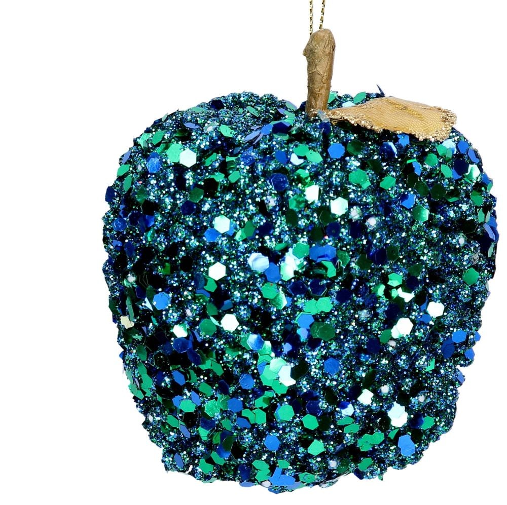 Peacock Sequin Apple Bauble - 8cm tall x 8cm diameter