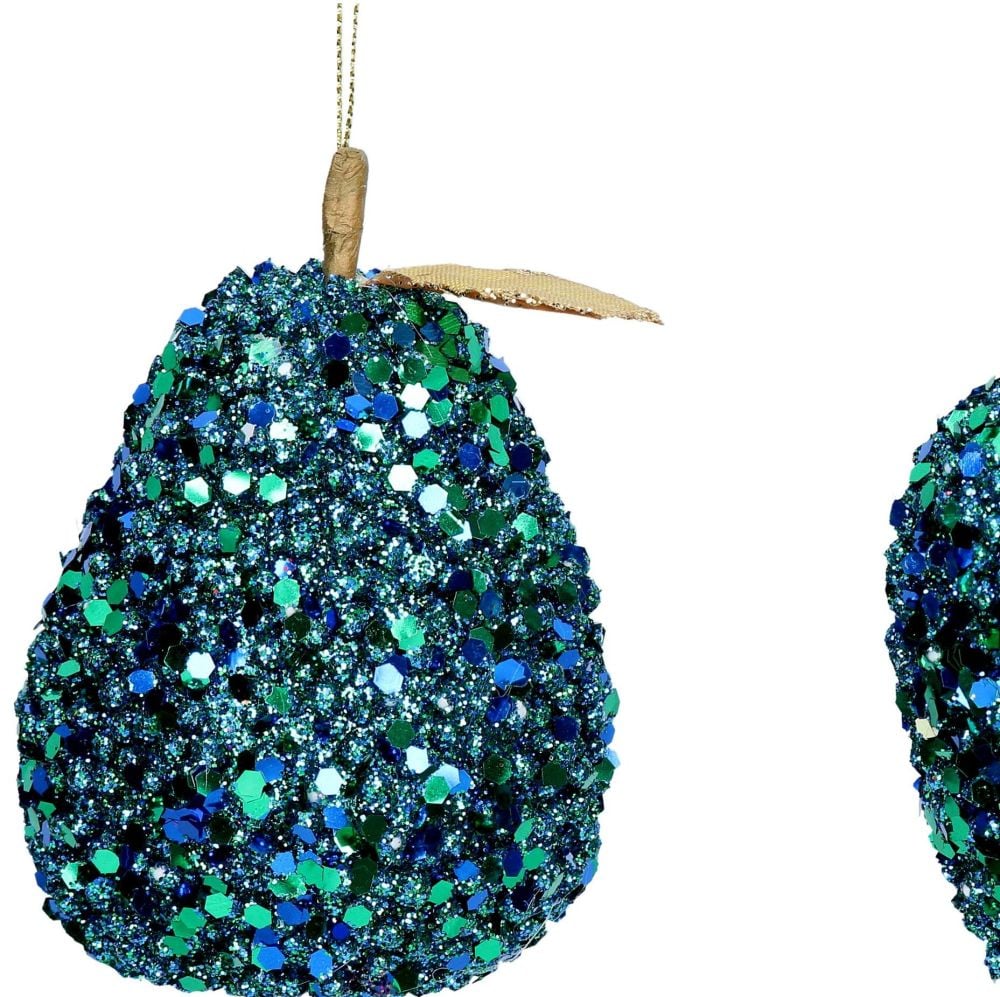 Peacock Sequin Pear Bauble - 11cm tall x 8cm diameter