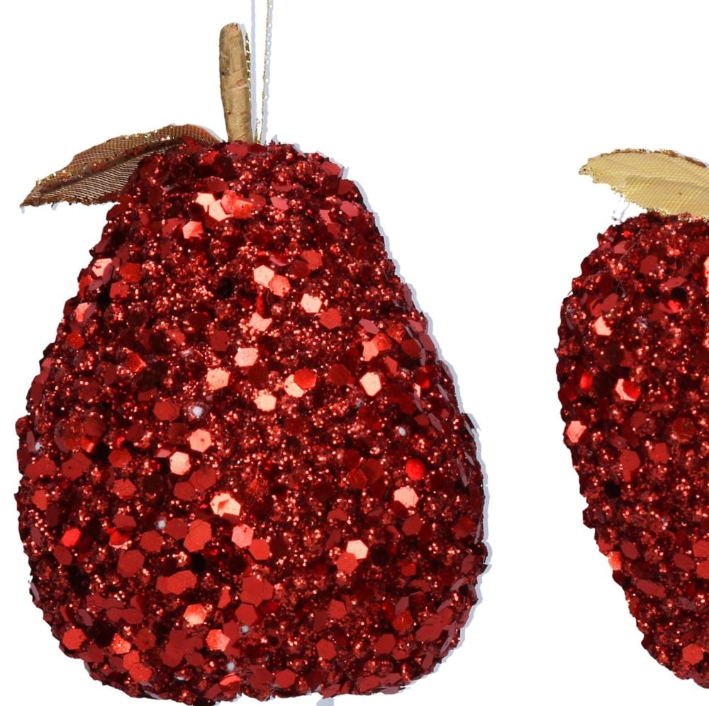 Red Sequin Pear Bauble - 10cm tall x 7.5cm diameter