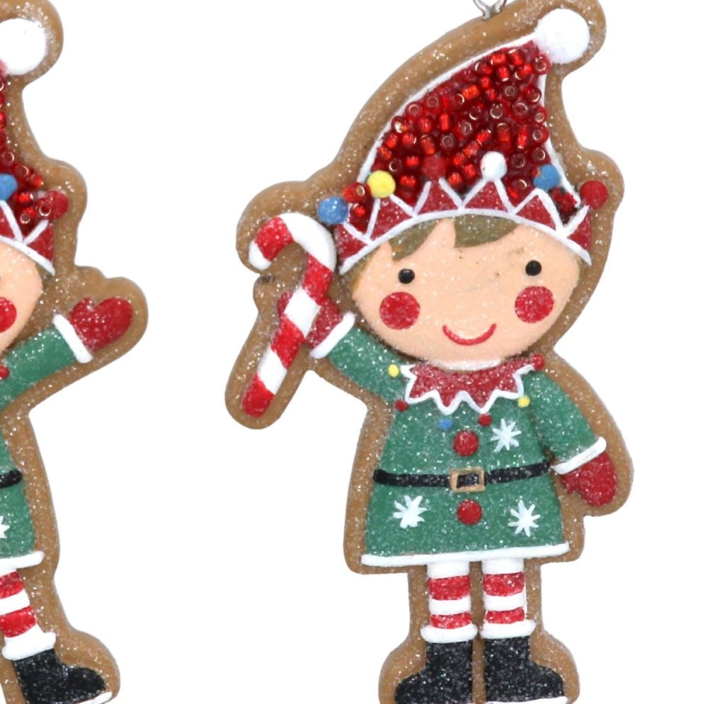 Gingerbread Elf Holding a Candy Cane Bauble - 9cm tall x 5cm wide.