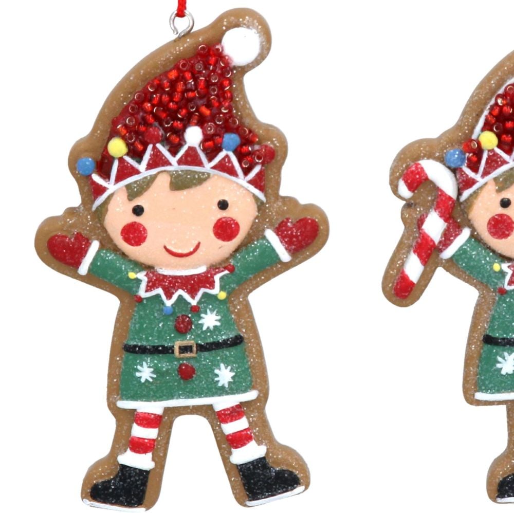 Gingerbread Elf Holding His Arms Up Waving Bauble - 9cm tall x 5cm wide.