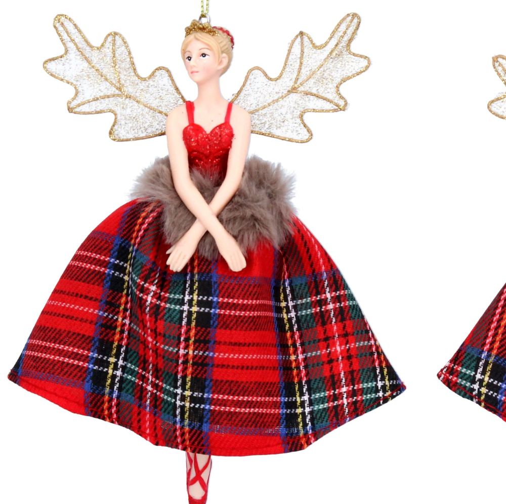 Ballerina Fairy Bauble with Tartan Dress - 16cm tall
