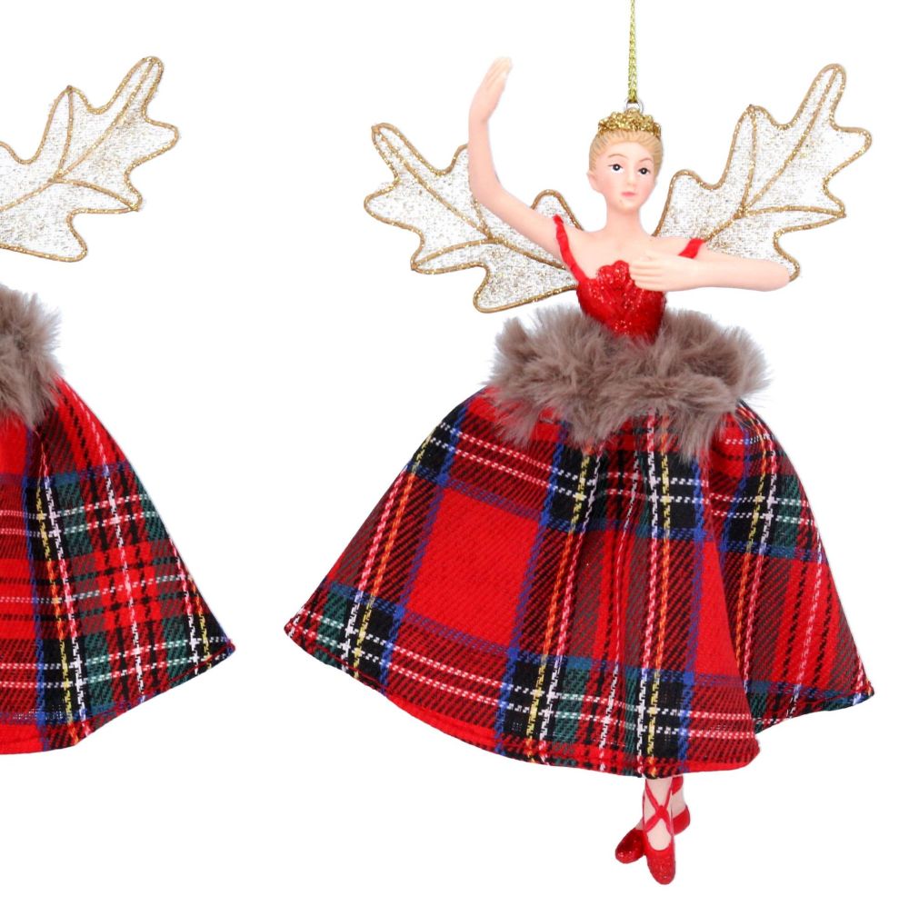 Ballerina Fairy Bauble with Tartan Dress - 16cm tall