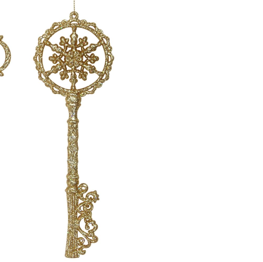 Magical Gold Glitter Christmas Key Bauble - 19cm tall x 7cm wide.