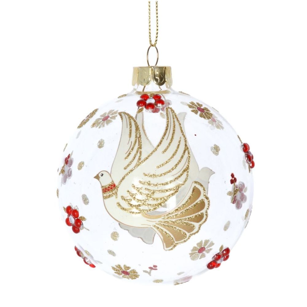 Clear Glass Bauble with Cream & Gold Glittered Doves decorated with Gold &