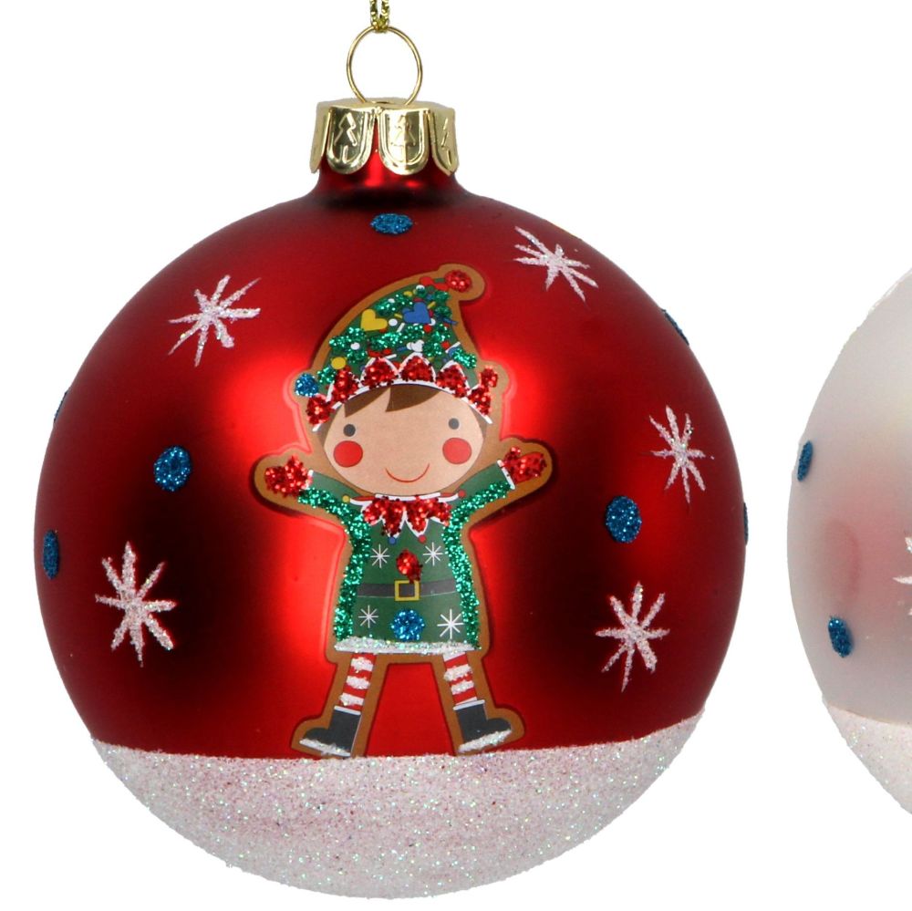 Matt Red Glass Christmas Tree Bauble with Green Elf - 8cm diameter.