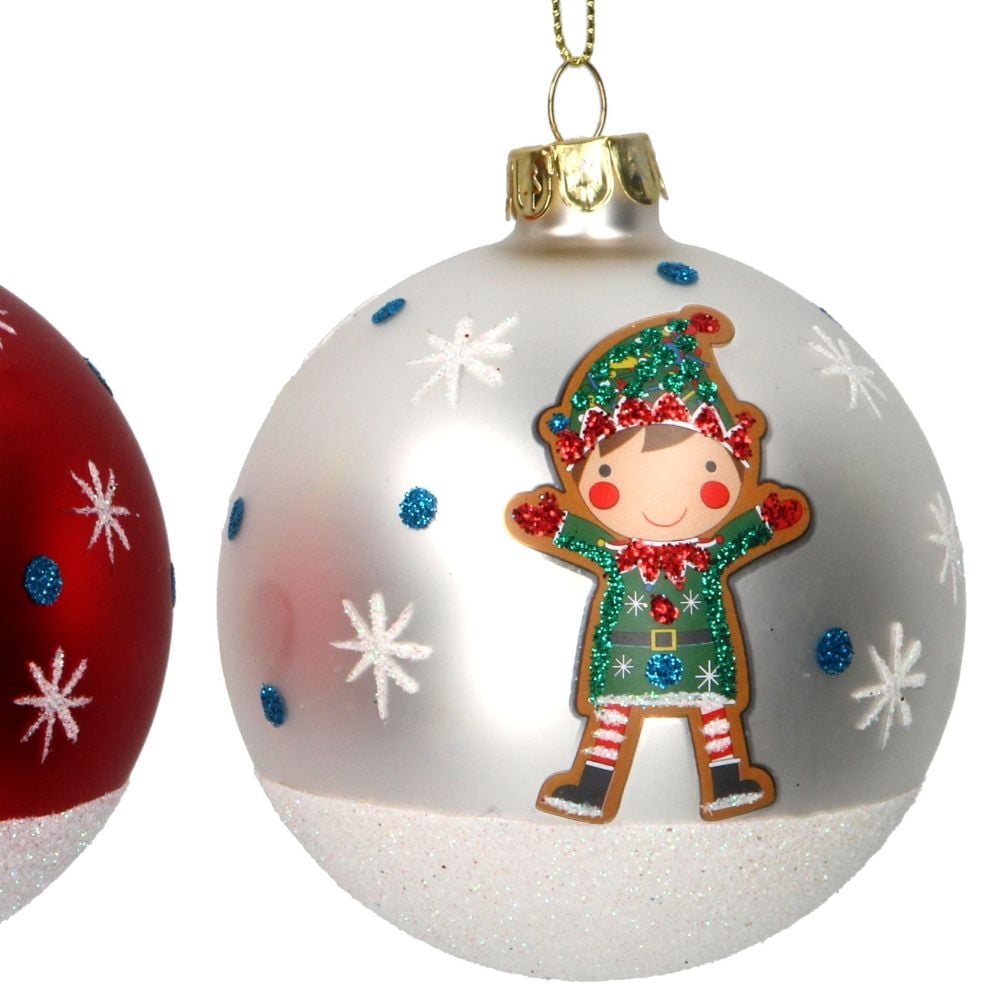 Matt White Glass Christmas Tree Bauble with Green Elf - 8cm diameter.