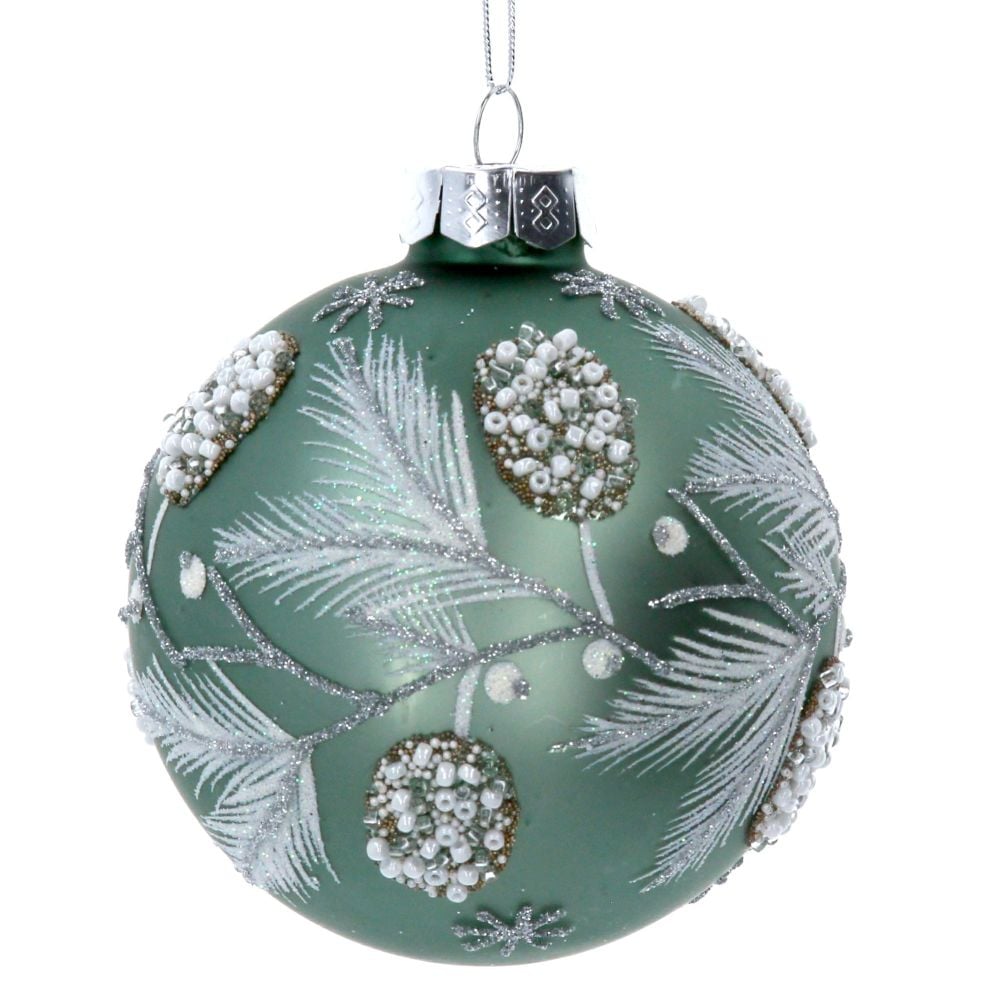 Sage Green Glass Bauble with Beaded Berries & Fir Leaves - 8cm diameter.