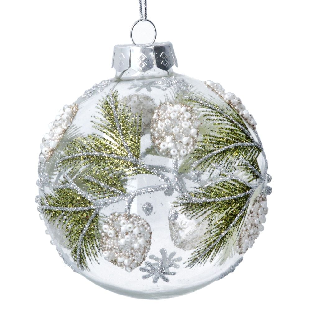 Clear Glass Bauble with Green Beaded Berries & Fir Leaves - 8cm diameter.
