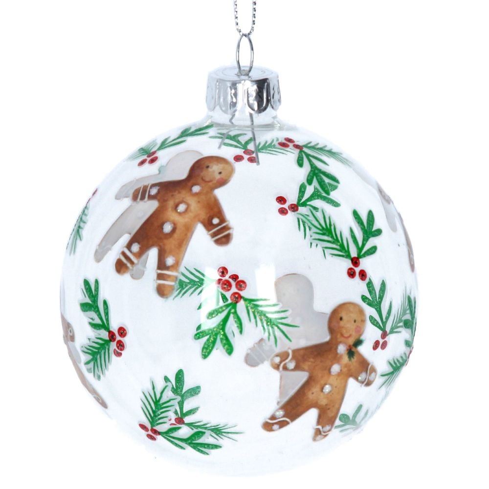 Gingerbread Clear Glass Bauble with Holly Berries - 8cm diameter.