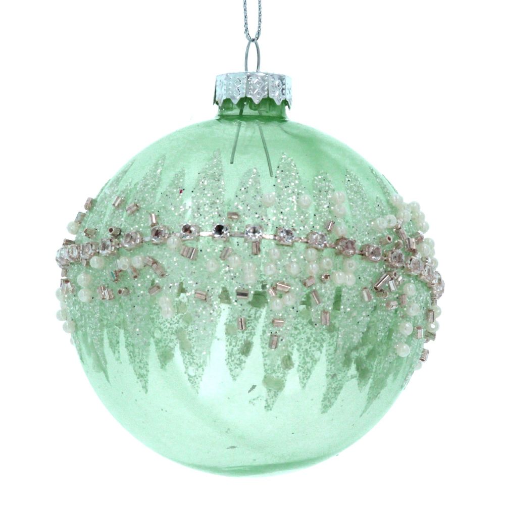 A stunning Pale Green Glass Bauble with crushed Jewel banding - 8cm diamete