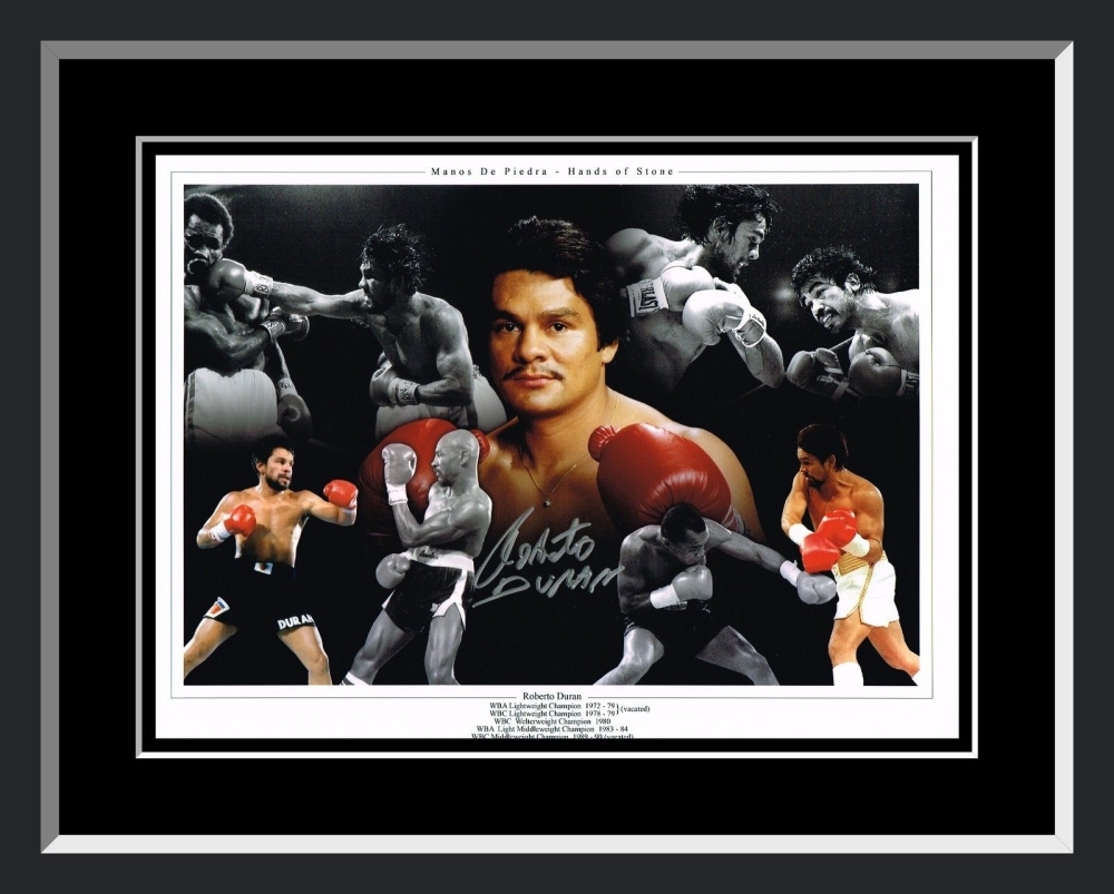Roberto Duran Signed And Framed Boxing Montage.