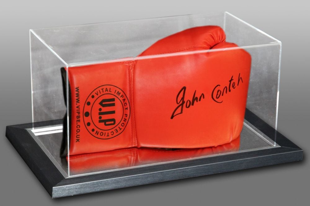 John Conteh Hand Signed Red Vip Boxing Glove In An Acrylic Case