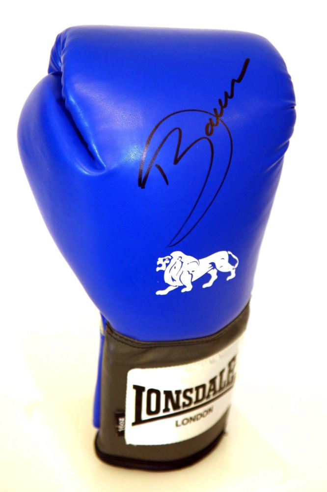 Darren Barker Hand Signed Blue Portrait Lonsdale Boxing Glove. Black Pen