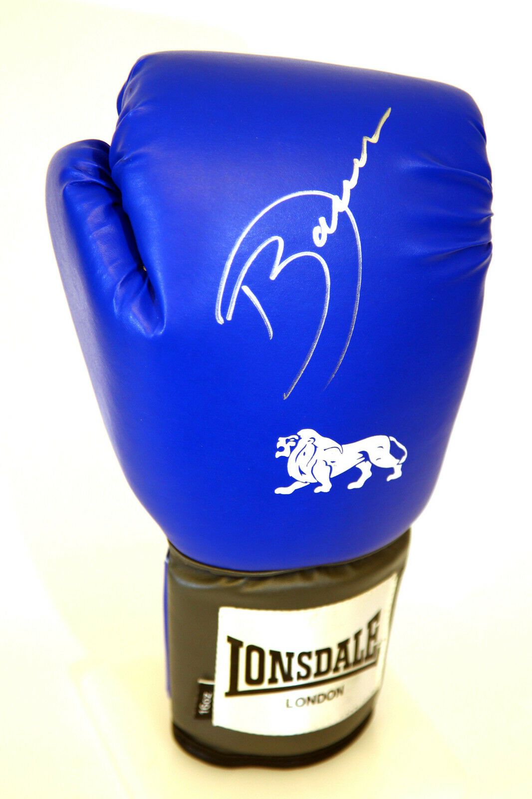 Darren Barker Hand Signed Blue Portrait Lonsdale Boxing Glove. Silver Pen