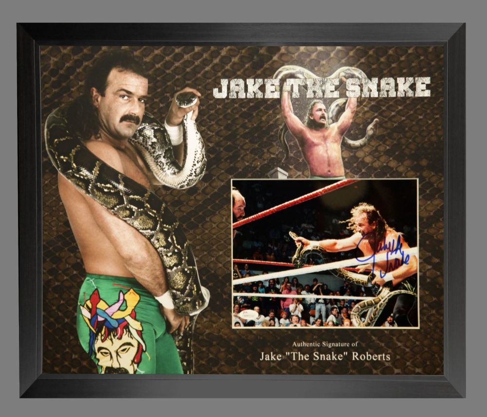 Jake "The Snake" Roberts Wrestling Photograph In A Framed Display.