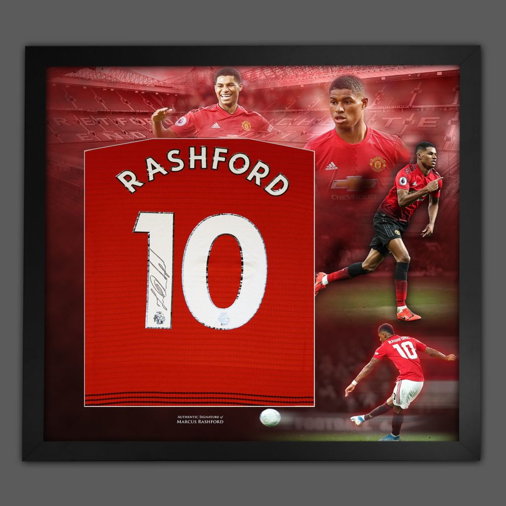 Marcus Rashford Hand Signed Manchester United Football Shirt In Framed Picture Presentation..