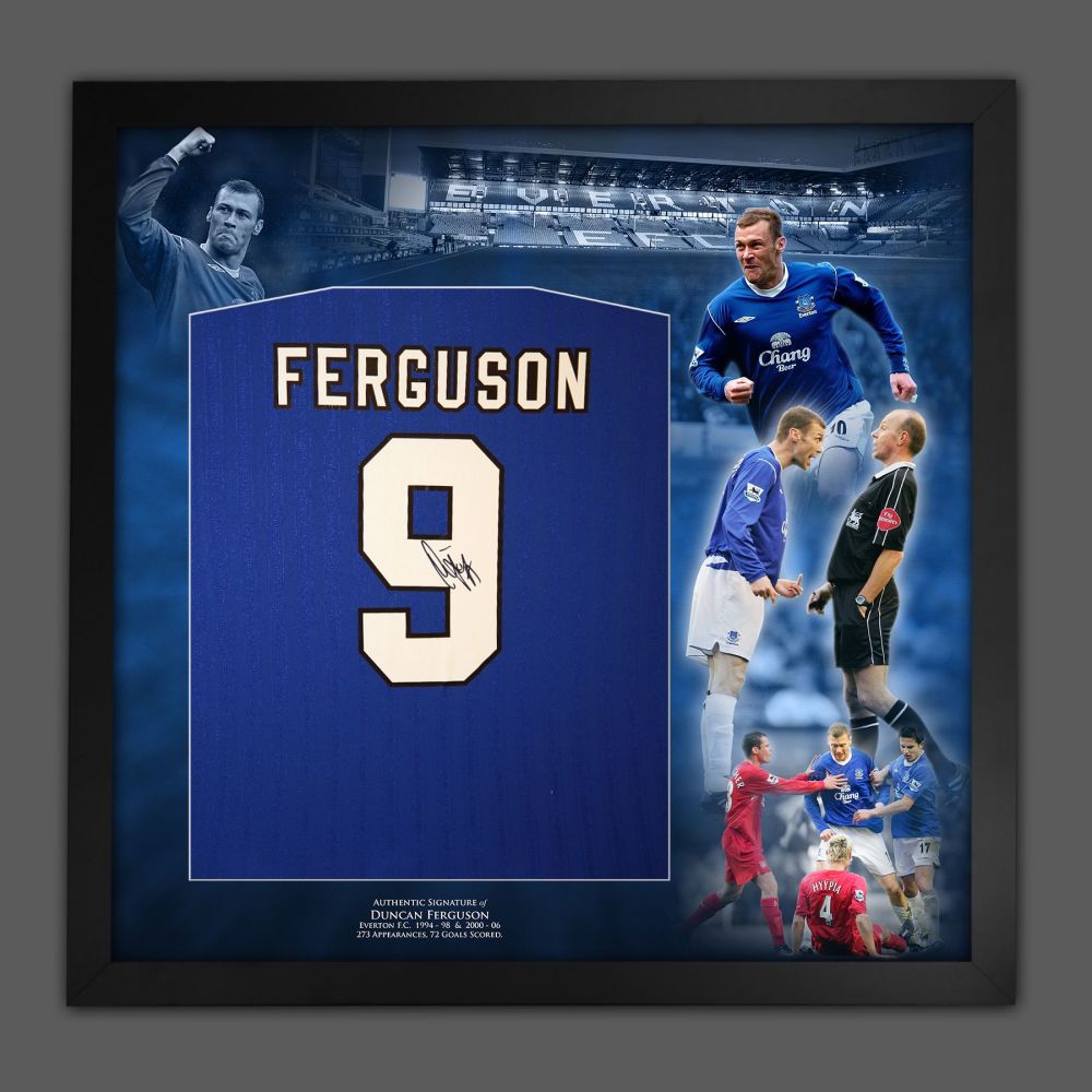   Duncan Ferguson Hand Signed Everton Fc Football Shirt In Framed Picture Mount Presentation 