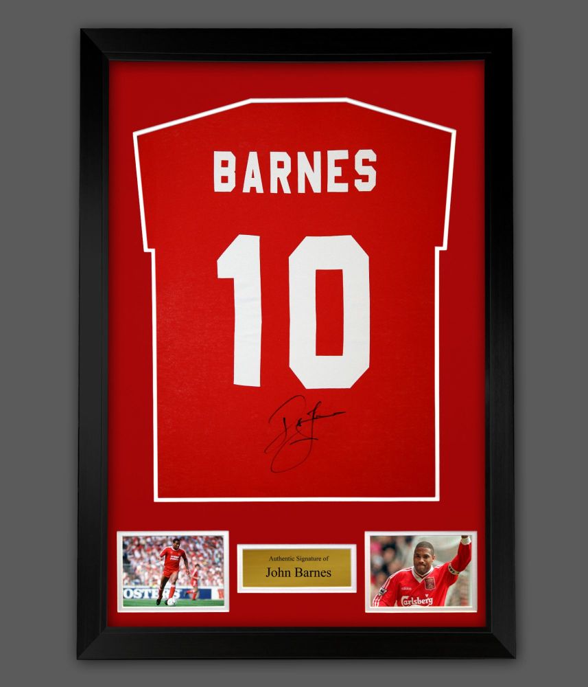 John Barnes  Hand Signed Red T-Shirt In A Framed Presentation 
