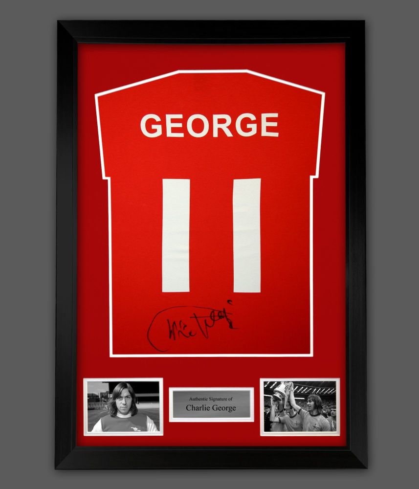 Charlie George Hand Signed Red Player  T-Shirt In A Framed Presentation 