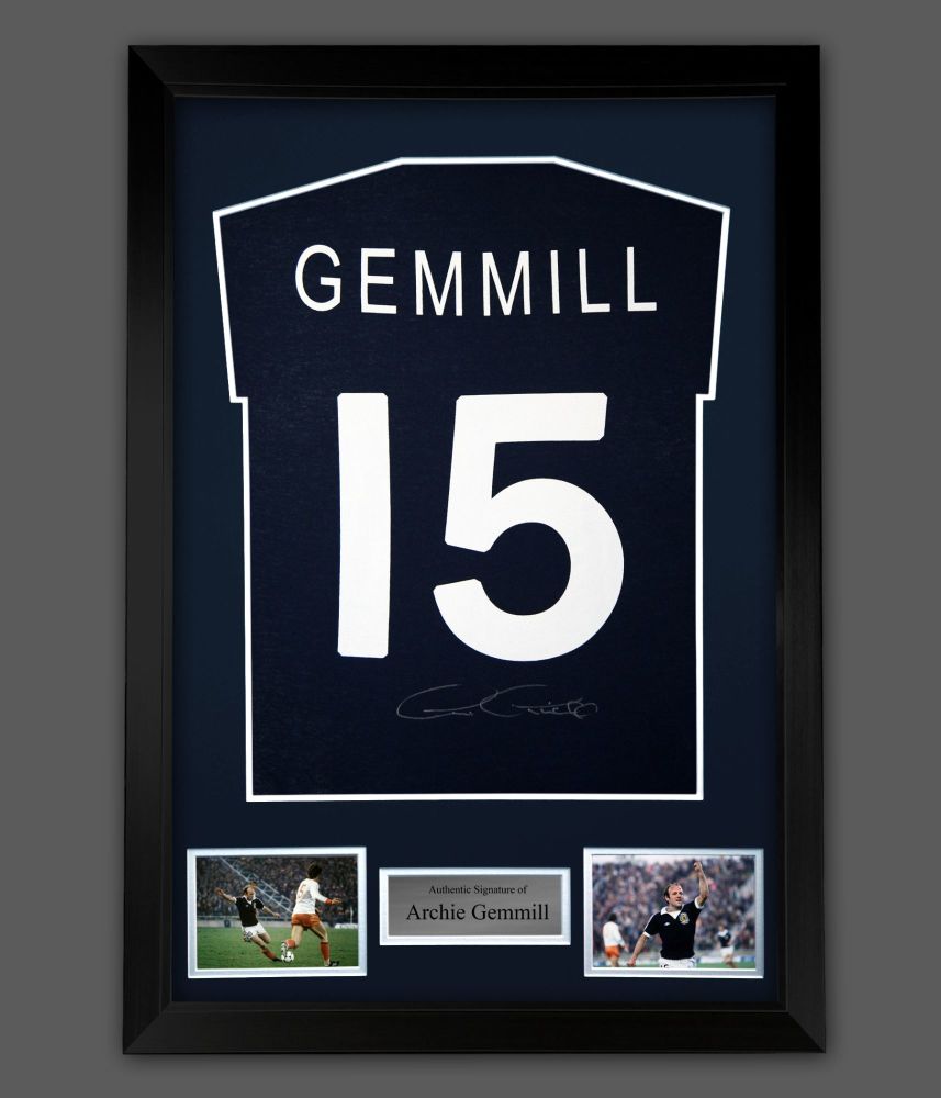 Archie Gemmill Signed Navy Blue Player T-Shirt In A Framed Presentation 