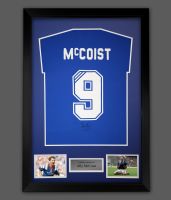 Ally McCoist Hand Signed  Blue Player T-Shirt In A Framed Presentation