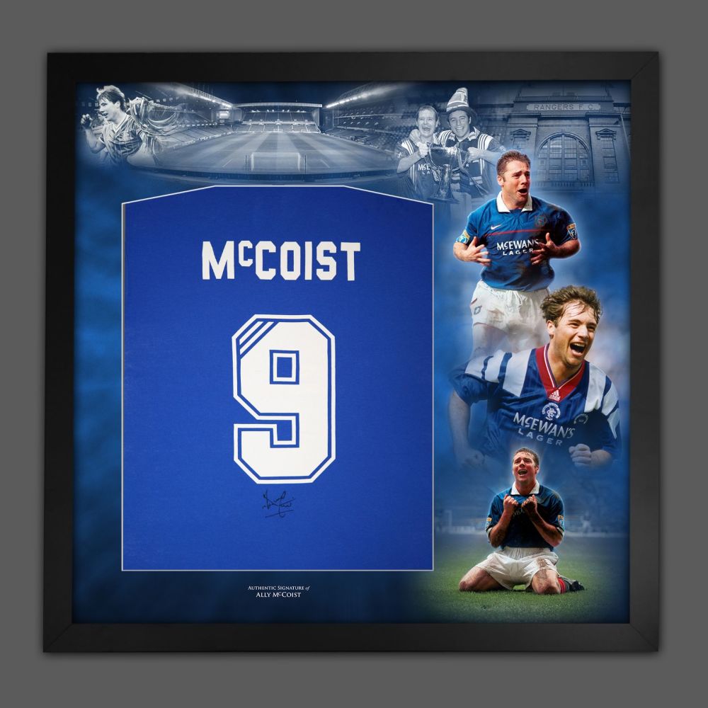 Ally McCoist Hand Signed And Framed Blue Player T-Shirt In A Picture Mount 