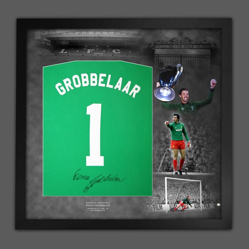 Bruce Grobbelaar Hand Signed And Framed Green Player T-Shirt In A Picture Mount Display