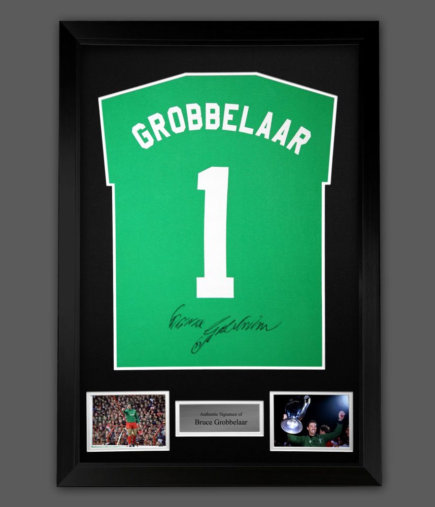 Bruce Grobbelaar Hand Signed  Green Player T-Shirt In A Framed Presentation