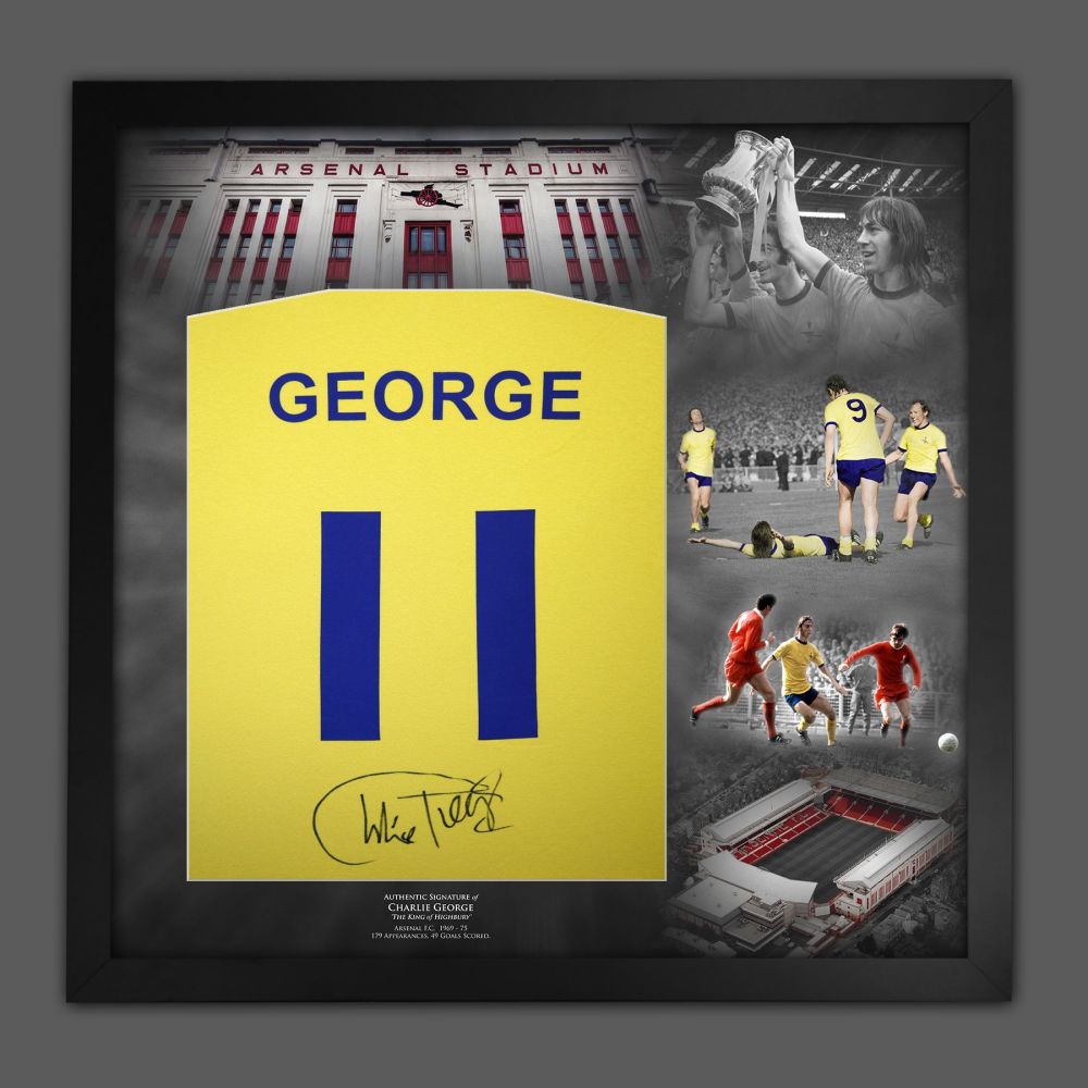 Charlie George Hand Signed And Framed Yellow Player T-Shirt In A Picture Mo
