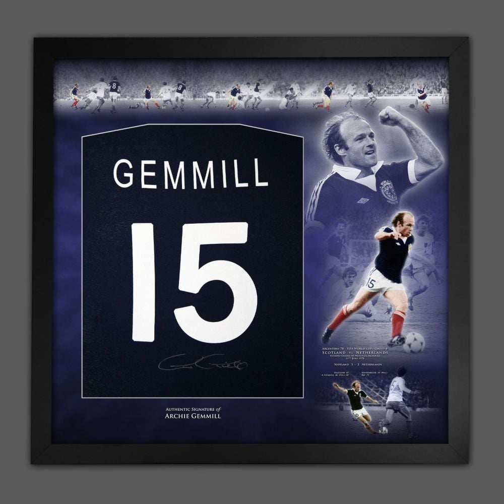 Archie Gemmill  Hand Signed And Framed Dark Blue Player T-Shirt In A Picture Mount Display