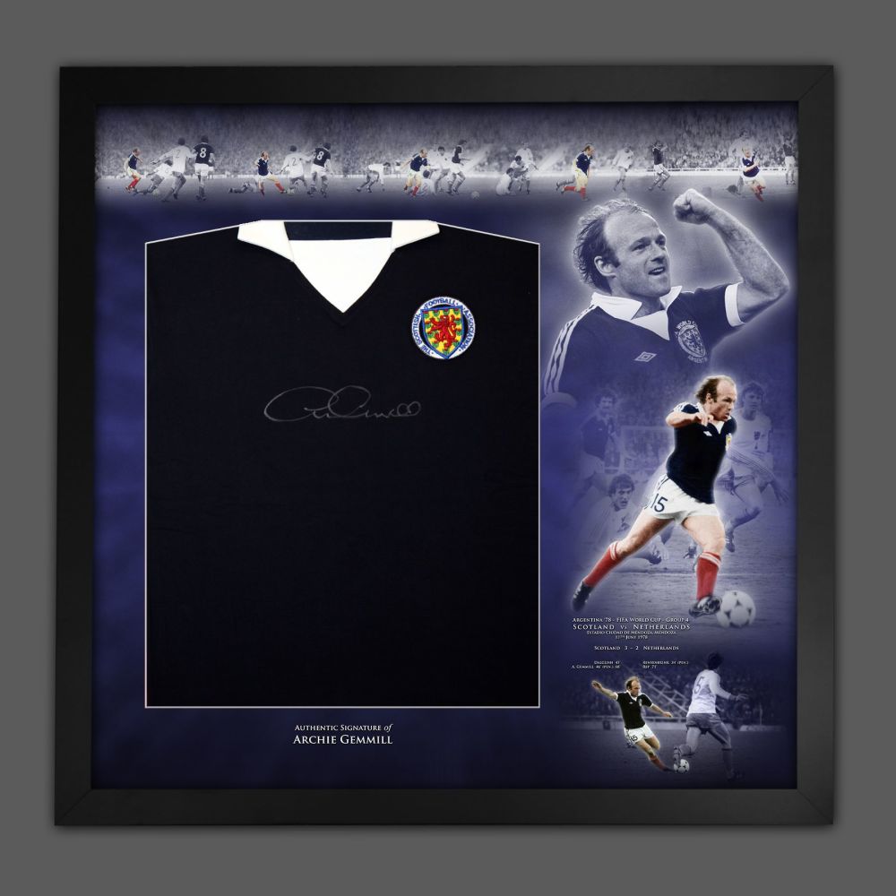 Archie Gemmill Signed Front Scotland Football Shirt In A Framed Picture Mou