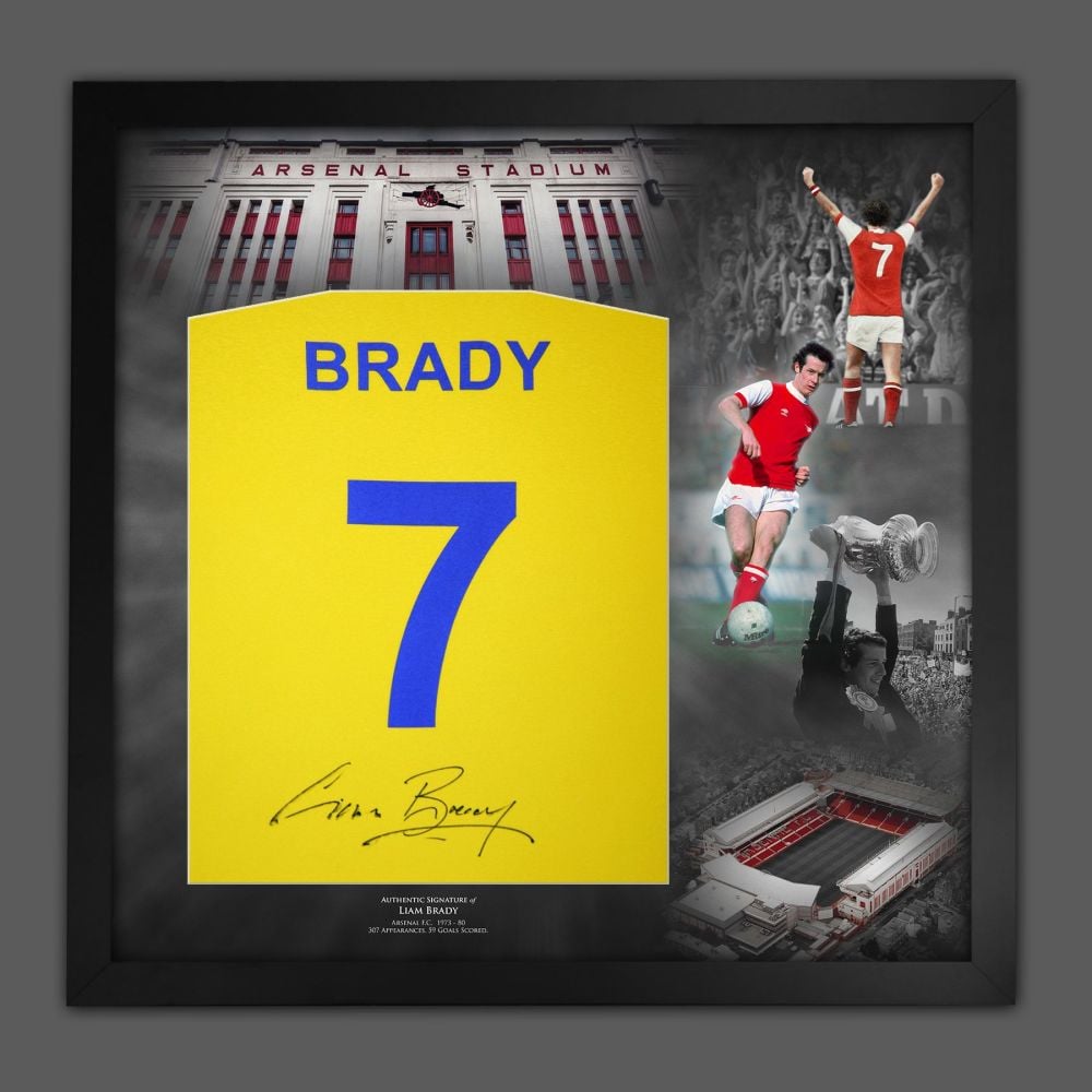 Liam Brady Hand Signed And Framed Yellow Player T-Shirt In A Picture Mount Display