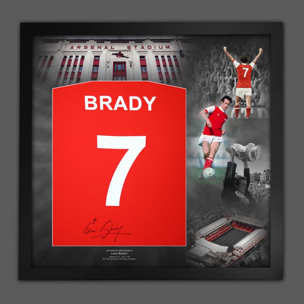 Liam Brady Hand Signed And Framed Red Player T-Shirt In A Picture Mount Display