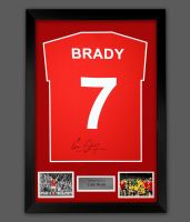Liam Brady Hand Signed Red Player  T-Shirt In A Framed Presentation 