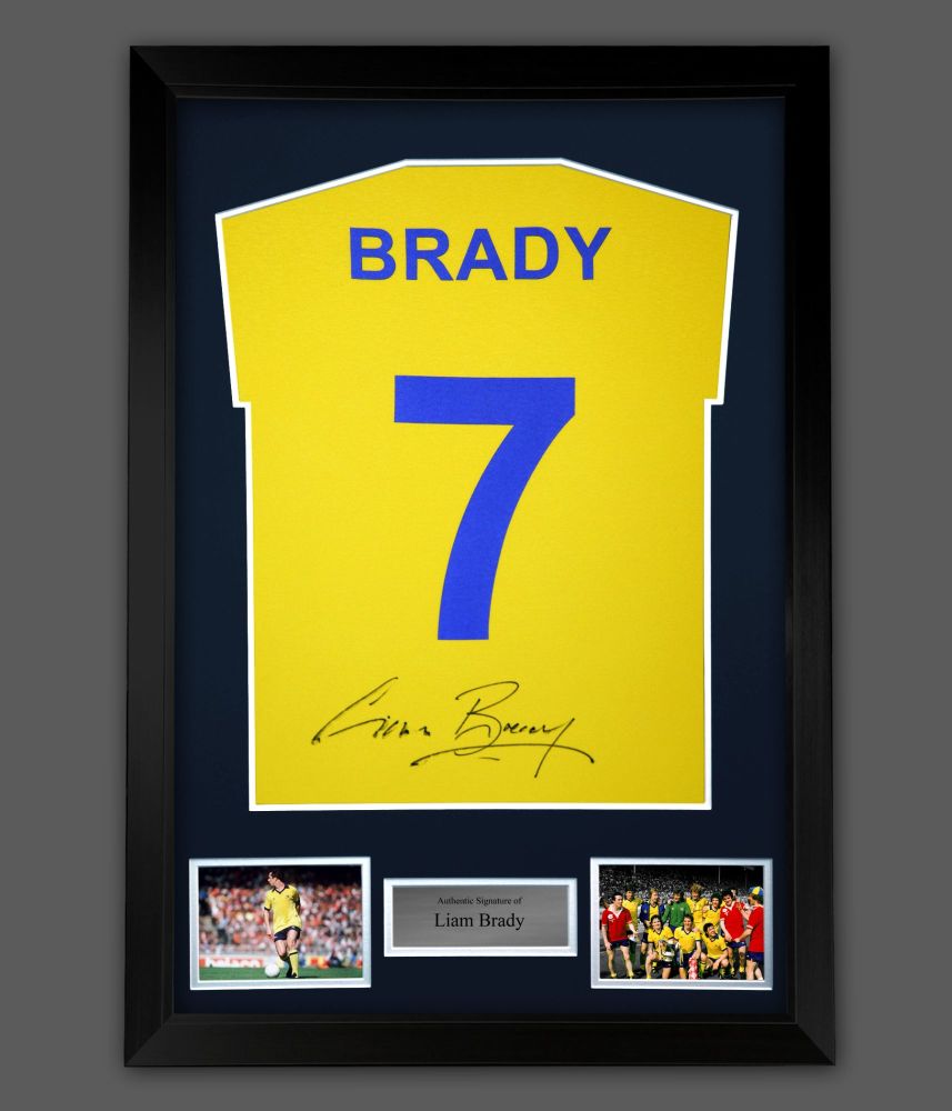 Liam Brady Hand Signed Yellow Player  T-Shirt In A Framed Presentation 