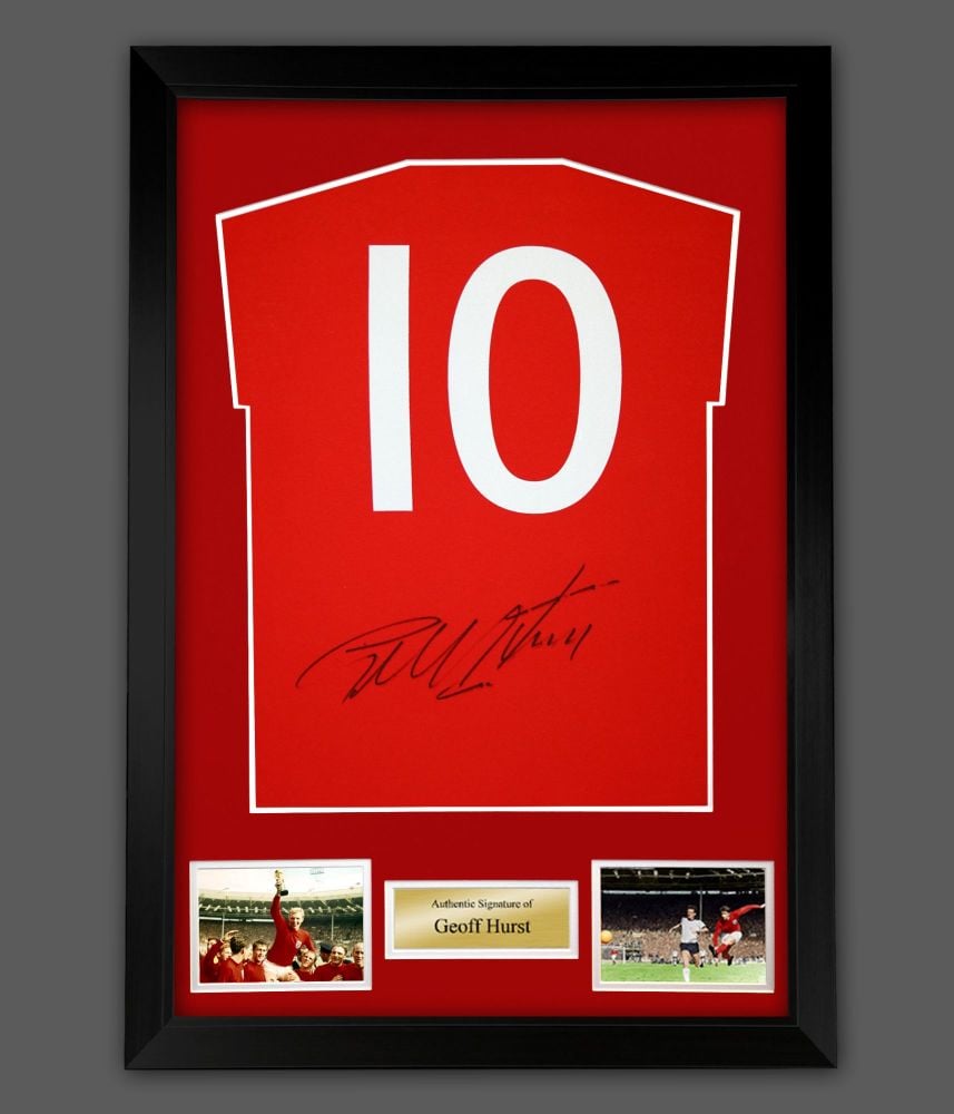 Geoff Hurst Hand Signed Red Player T-Shirt In A Framed Presentation