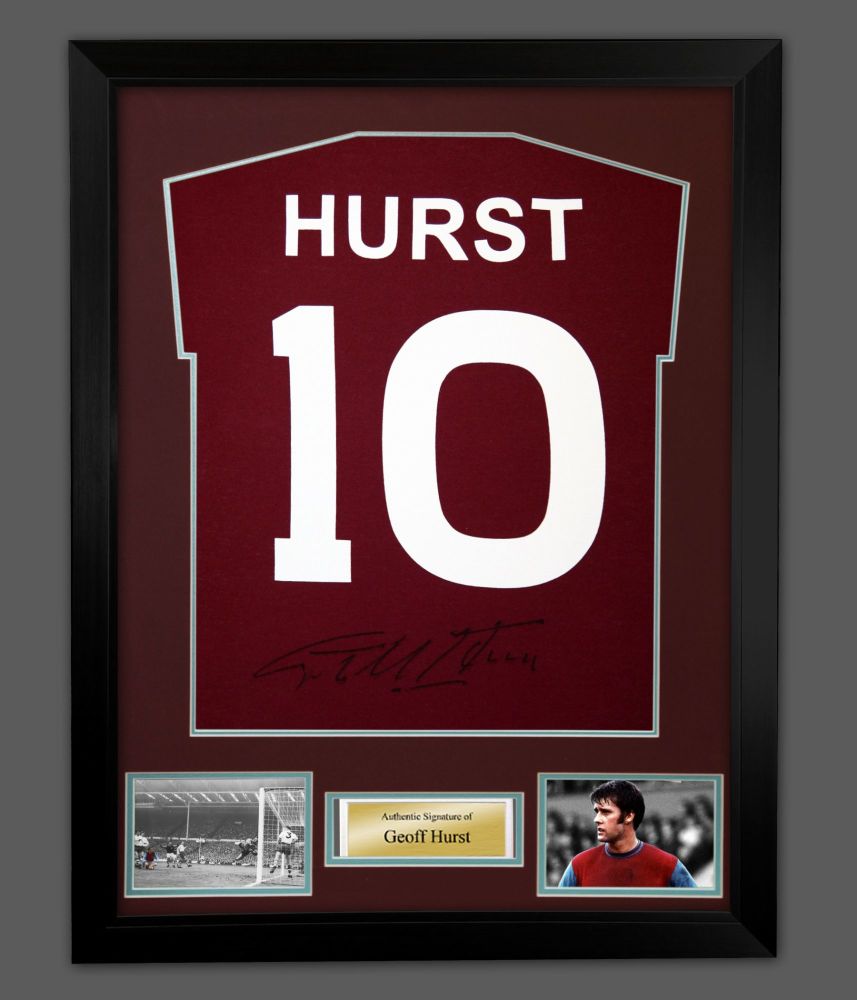 Geoff Hurst Hand Signed Claret Player T-Shirt In A Framed Presentation. Name and Number