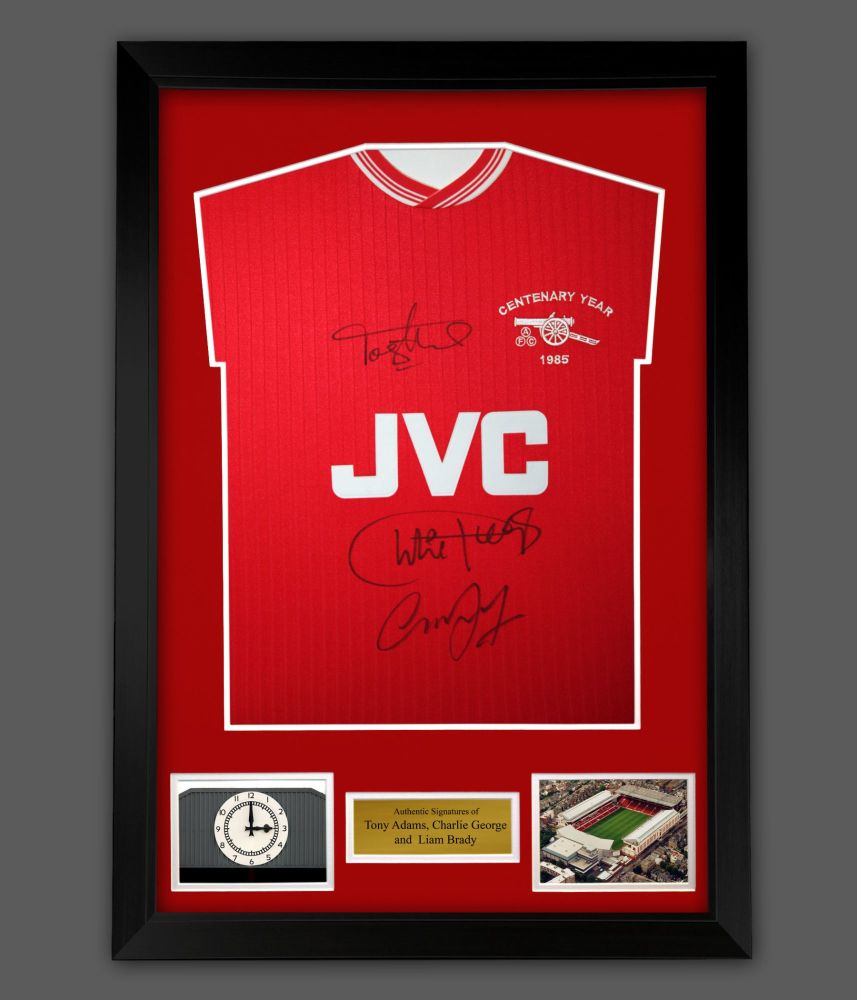 Highbury Arsenal Legends Charlie George, Liam Brady And Tony Adams Hand Signed Football Shirt  In A Framed Display