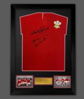    Wales Rugby Legends Phil Bennett, Gareth Edwards And JPR Williams Hand Signed Shirt  In A framed Display : A 