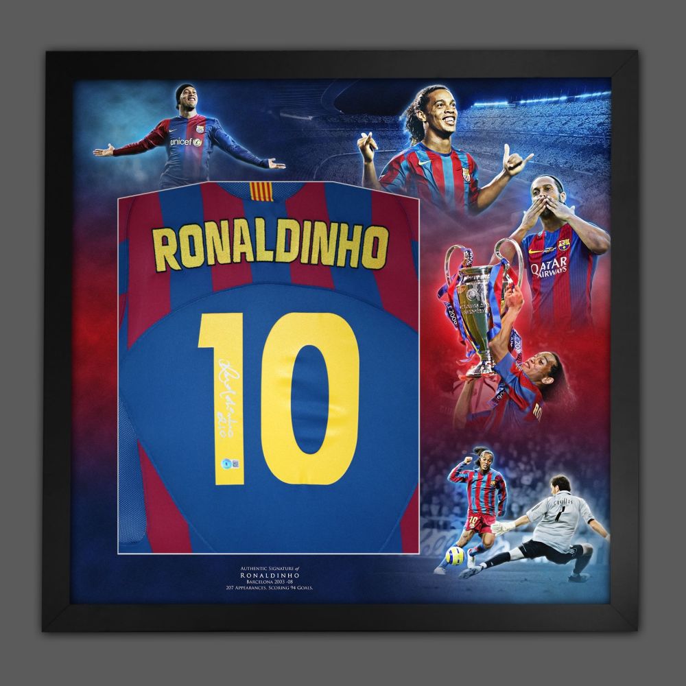 Ronaldinho Hand Signed Barcelona  Football Shirt In Framed Picture Mount Presentation : Becketts