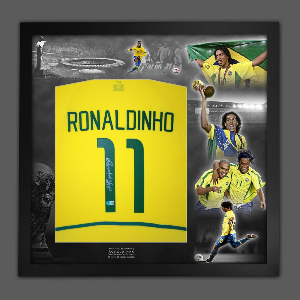  Ronaldinho Hand Signed Brazil Football Shirt In Framed Picture Mount Prese