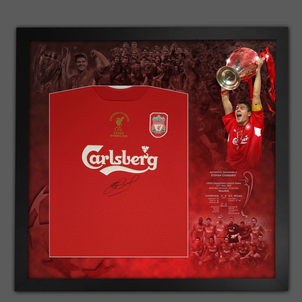 Steven Gerrard Signed Liverpool Fc 2005 Football Shirt Framed In a Picture Mount Display