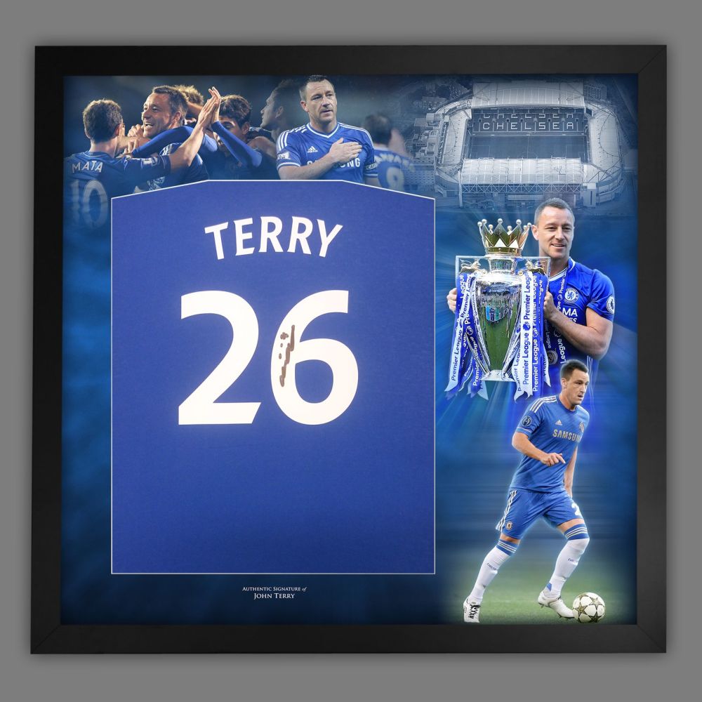   John Terry Signed  Blue Player T shirt In A  Framed Picture Mount Display