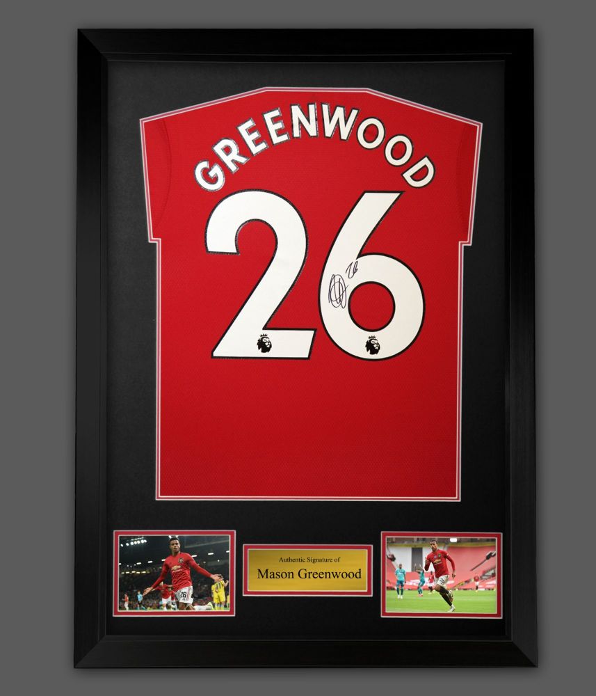  Mason Greenwood Hand Signed Manchester United Football Shirt In A Framed Presentation :  Mega Deal