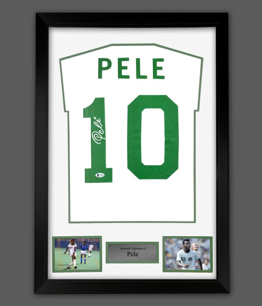 Pele Hand Signed New York Cosmos Style White Football Shirt In Framed Display : Becketts Authenticated