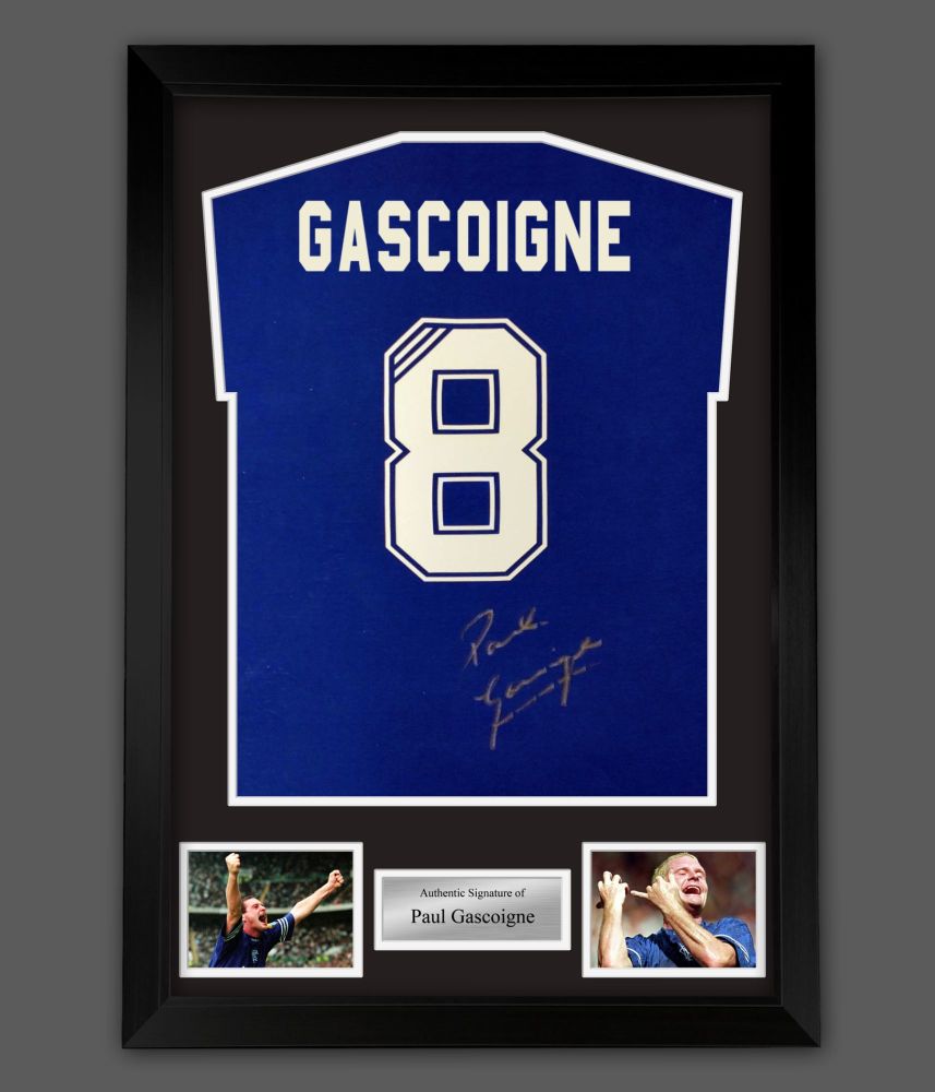   Paul Gascoigne  Hand Signed  Blue No 8 Player T-Shirt In A Framed Present
