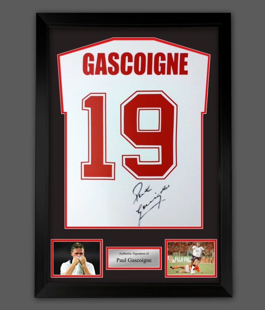    Paul Gascoigne  Hand Signed  White No 19 Player T-Shirt In A Framed Pres