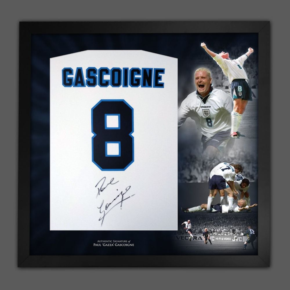 Paul Gascoigne Hand Signed And Framed White No 8 Player T-Shirt In A Pic